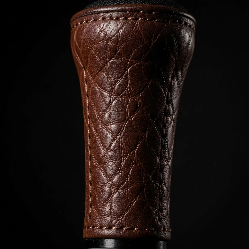 Détail macro d'un grip de golf en cuir sur mesure