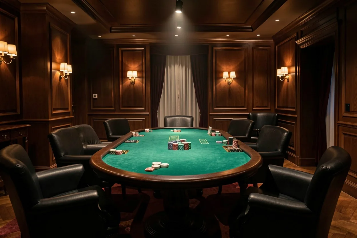 Espace poker lounge feutré avec tables en velours et fauteuils en cuir chez Hall Sev