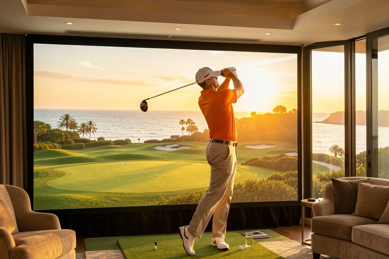 Golfeur en pleine action devant l'écran géant de simulation haute définition