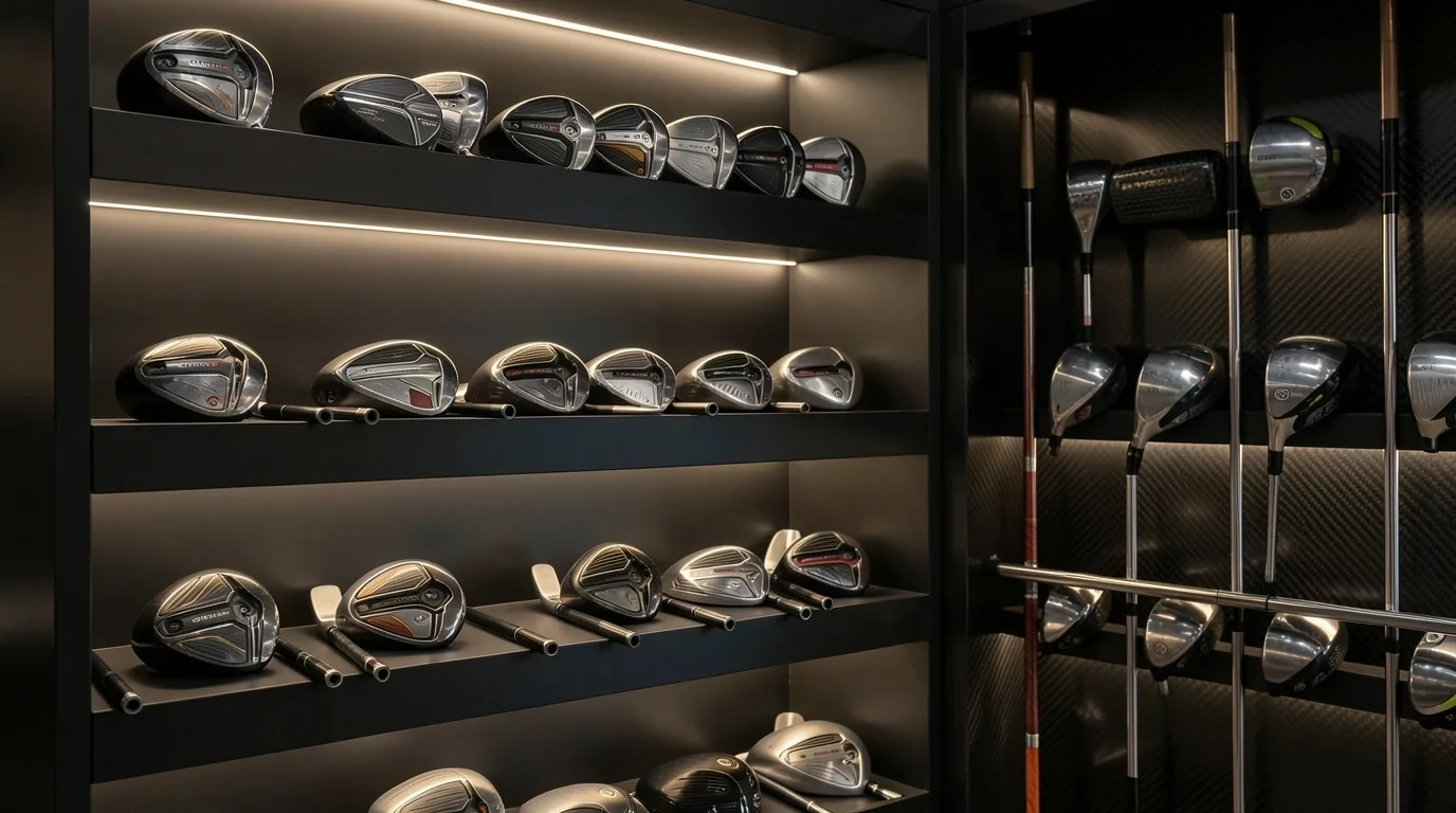 Mur d'exposition des têtes de clubs de golf et shafts chez Hall Sev Nice
