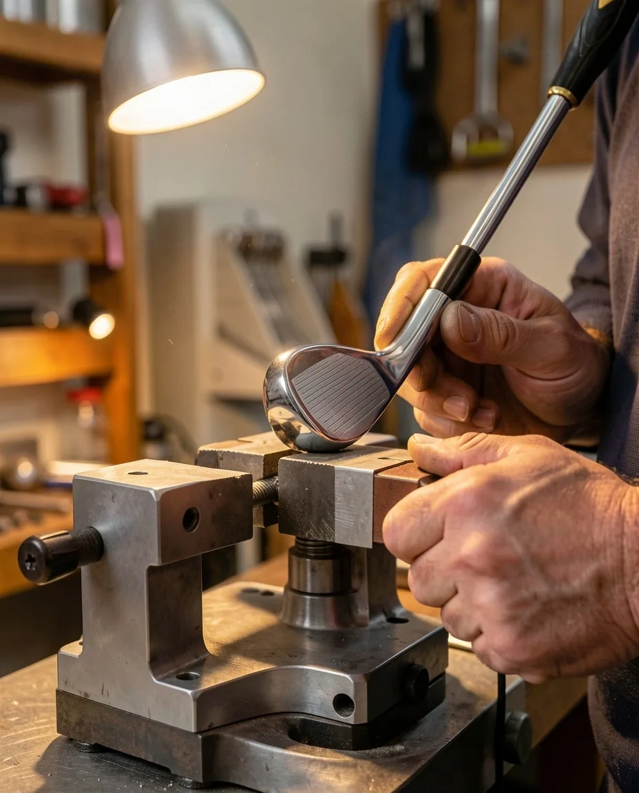 Technicien réglant le loft et lie d'un club de golf dans l'atelier Hall Sev